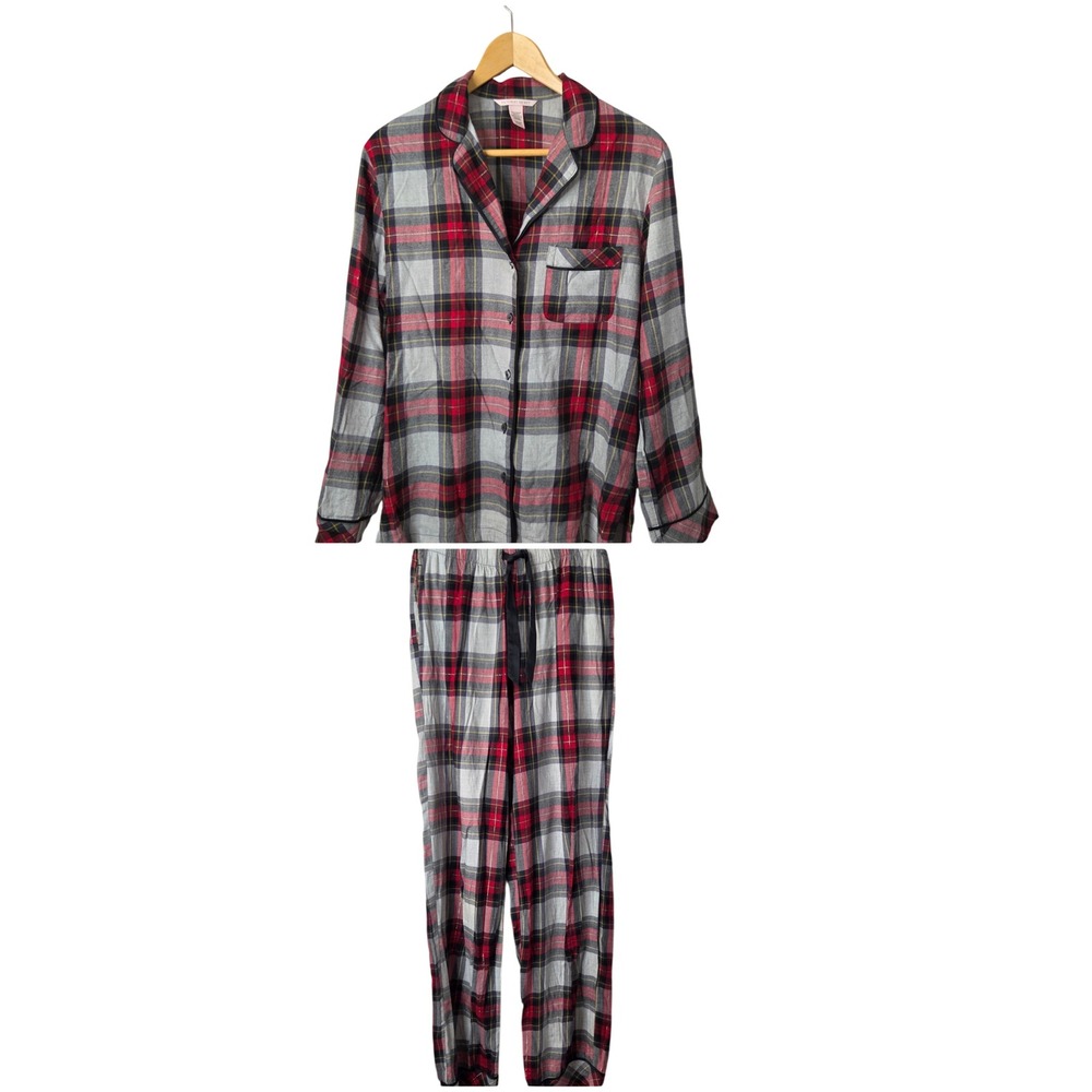 Victoria's Secret Flannel Pajama Set XS Long Red‎ Gray Plaid Gold Lurex Holiday
